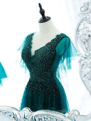 Green v neck tulle beads long Evening Prom Dresses, green tulle formal Dresses