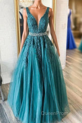 Green v neck tulle lace long Evening Prom Dresses, green formal Dresses
