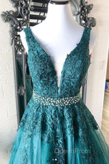 Green v neck tulle lace long Evening Prom Dresses, green formal Dresses