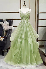 Green V-Neckline Tulle With Lace Applique Evening Prom Dresses, Green Layers Tulle Party Dresses