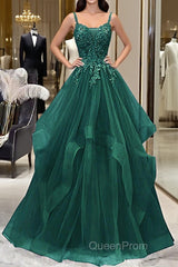 Green V-Neckline Tulle With Lace Applique Evening Prom Dresses, Green Layers Tulle Party Dresses