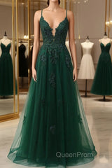 Green V-Neckline Tulle With Lace Cross Back, Green Tulle Evening Prom Dresses