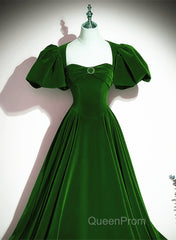 Green Velvet Backless Long Party Dresses, Green Short Sleeves Formal Dresses Evening Prom Dresses