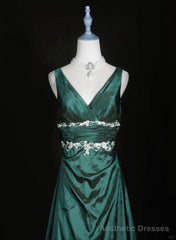 Green Vintage Style Taffeta with Lace Prom Dress, Green Long Party Dress