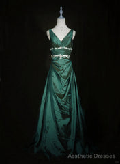 Green Vintage Style Taffeta with Lace Prom Dress, Green Long Party Dress