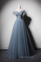 Grey-Blue Tulle Off Shoulder Beaded Long Evening Prom Dresses Party Dresses, Long Evening Gowns