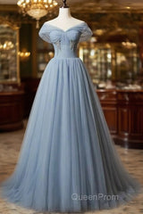 Grey-Blue Tulle Off Shoulder Beaded Long Evening Prom Dresses Party Dresses, Long Evening Gowns