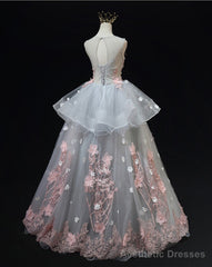 Grey Flowers Round Neckline Tulle with Lace Party Dress, Grey Sweet 16 Dress