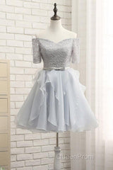 Grey Lace And Organza Homecoming Dresses, Lovely Homecoming Dresses , Short Evening Prom Dresses