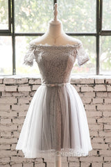 Grey Lace Tulle Short Sleeves Homecoming Dresses Party Dresses, Light Grey Formal Dresses