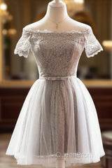 Grey Lace Tulle Short Sleeves Homecoming Dresses Party Dresses, Light Grey Formal Dresses