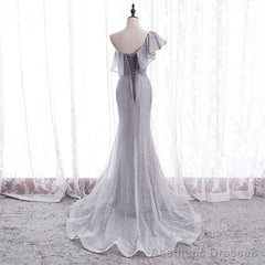 Grey One Shoulder Lace-up Shiny Long Prom Dress Party Dress, Grey Long Evening Dresses
