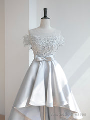 Grey Satin with Lace Off Shoulder High Low Homecoming Dress, Grey Prom Dress