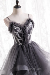 Grey Tulle Sweetheart Long Party Dresses With Lace Applique, Grey Long Evening Prom Dresses