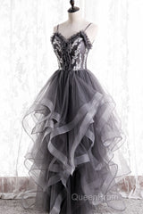 Grey Tulle Sweetheart Long Party Dresses With Lace Applique, Grey Long Evening Prom Dresses