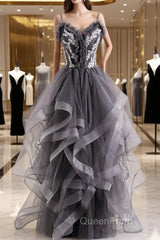 Grey Tulle Sweetheart Long Party Dresses With Lace Applique, Grey Long Evening Prom Dresses