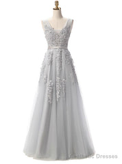 Grey V Neck Long Lace Appliques Prom Dresses