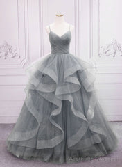 Grey V-neckline Tulle Long Formal Dress, Grey Sweetheart 16 Dress