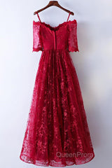 Half Sleeves Burgundy Lace Evening Prom Dresses, Wine Red Half Sleeves Long Lace Formal Evening Dresses