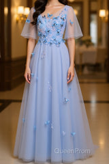 Half Sleeves Round Neck Blue Floral Long Evening Prom Dresses, Blue Long Formal Evening Dresses with Flower