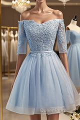 Half Sleeves Short Lace Evening Prom Dresses, Short Lace Homecoming Bridesmaid Dresses