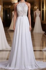 Halter Backless Chiffon Long Wedding Gown With Ruffles Pearl Lace