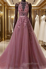 Halter Neck Backless Lace Evening Prom Dresses, Open Back Halter Neck Lace Formal Evening Dresses