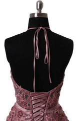 Halter Neck Backless Lace Evening Prom Dresses, Open Back Halter Neck Lace Formal Evening Dresses