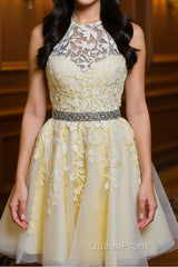 Halter Neck Backless Short Yellow Lace Evening Prom Dresses, Yellow Lace Formal Graduation Homecoming Dresses