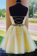 Halter Neck Backless Short Yellow Lace Evening Prom Dresses, Yellow Lace Formal Graduation Homecoming Dresses