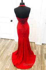 Halter Neck Mermaid Backless Red Lace Long Evening Prom Dresses, Mermaid Red Formal Dresses, Red Lace Evening Dresses
