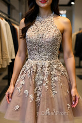 Halter Neck Short Champagne Lace Evening Prom Dresses, Champagne Lace Formal Graduation Homecoming Dresses
