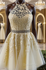 Halter Neck Short Yellow Lace Evening Prom Dressesses, Backless Short Yellow Lace Formal Homecoming Dresses