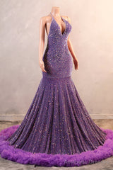 Halter Purple Prom Dresses Sequin Long Evening Dresses with Fringe