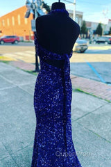 Halter Royal Blue Sequin Evening Dresses Uk Long Evening Prom Dresses