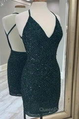 Halter Sequin Sheath Dark Green Homecoming Dresses