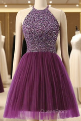 Halter Sleeveless Short Purple Homecoming Dresses Evening Prom Dresses