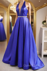 Halter V Neck Backless Blue Long Evening Prom Dresses with Belt, Backless Blue Formal Evening Dresses