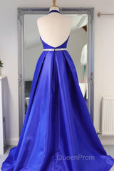 Halter V Neck Backless Blue Long Evening Prom Dresses with Belt, Backless Blue Formal Evening Dresses