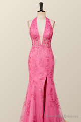 Halter Fuchsia Yellow Lace Mermaid Prom Dress