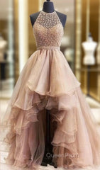 Hi Low Robe De Soiree Ball Gown High Collar Organza Lace Pearls Sexy Long Evening Prom Dresses Evening Prom Gown Evening Dresses