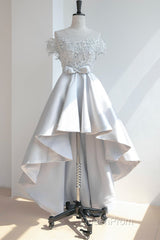 High Low Off Shoulder Gray Lace Evening Prom Dresses, Off the Shoulder Gray Homecoming Dresses, Gray Lace Formal Evening Dresses