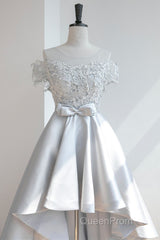 High Low Off Shoulder Gray Lace Evening Prom Dresses, Off the Shoulder Gray Homecoming Dresses, Gray Lace Formal Evening Dresses