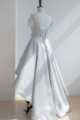 High Low Off Shoulder Gray Lace Evening Prom Dresses, Off the Shoulder Gray Homecoming Dresses, Gray Lace Formal Evening Dresses