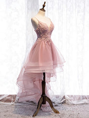 High Low Pink Lace Evening Prom Dresses, Pink High Low Formal Graduation Homecoming Dresses