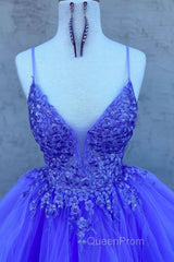 High Low V Neck Purple Lace Long Evening Prom Dresses, Lilac Lace Formal Dresses, Purple Evening Dresses