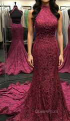 High Neck Backless Burgundy Lace long Evening Prom Dresses, Long Burgundy Lace Formal Evening Dresses, Burgundy Ball Gown