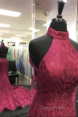 High Neck Backless Burgundy Lace long Evening Prom Dresses, Long Burgundy Lace Formal Evening Dresses, Burgundy Ball Gown