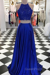 High Neck Blue Two Pieces Long Evening Prom Dresses