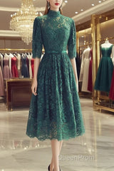 High Neck Half Sleeves Green Lace Evening Prom Dresses, Green Lace Formal Graduation Homecoming Dresses